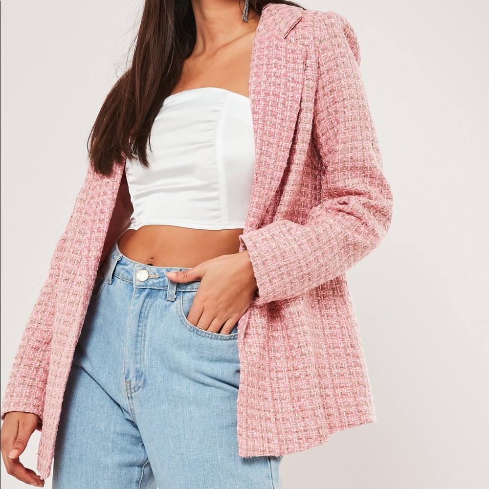 MISSGUIDED Pink Metallic Tweed Blazer